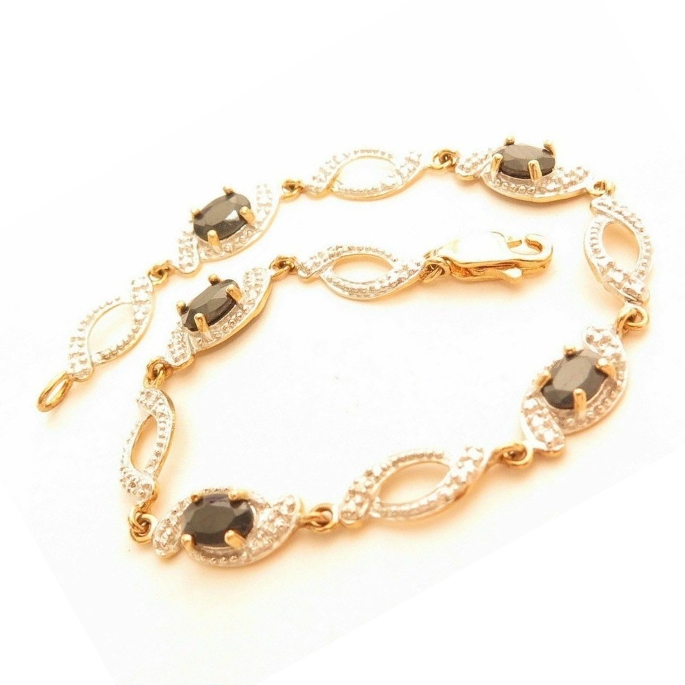 Sterling Silver Black Onyx Two Toned Yellow Gold Vermeil Bracelet*7.25"*R925‎